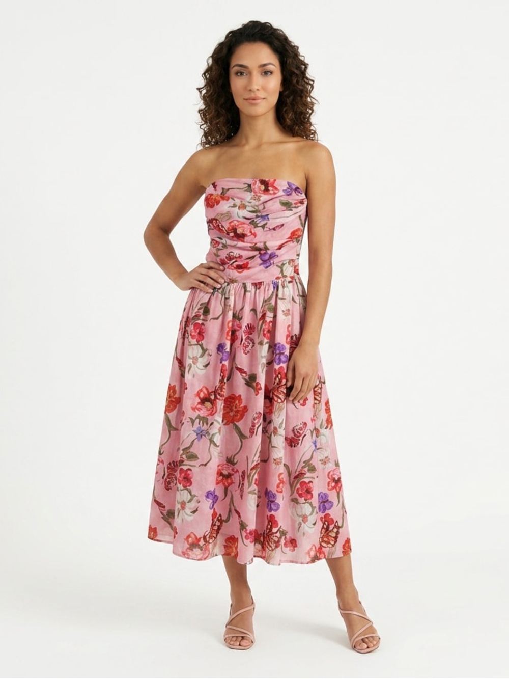 NWT En Saison Strapless Pink Floral Ruched Midi Dress Red & Purple Blooms Sz M